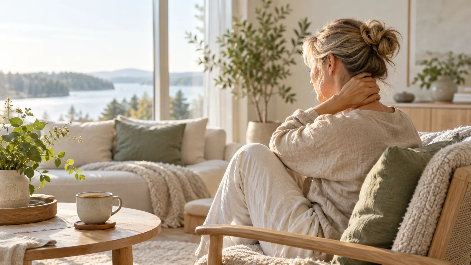 Svimmel og vondt i nakken? Svimmelheten kan henge sammen med stivhet og spenninger i nakken. Bildet er laget med KI.
