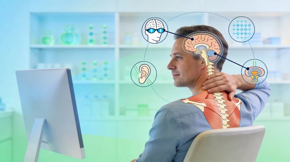 Sammenheng finnes mellom syn, briller, balanseorgan, pust og sittestilling. AI Generert bilde. 